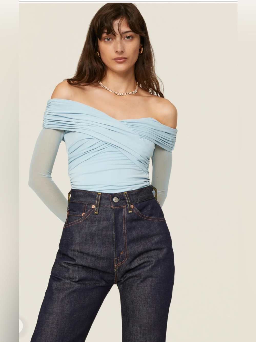 Self-Portrait Jersey Crossover Top Light Blue Off-Shoulder Ruched Size 10